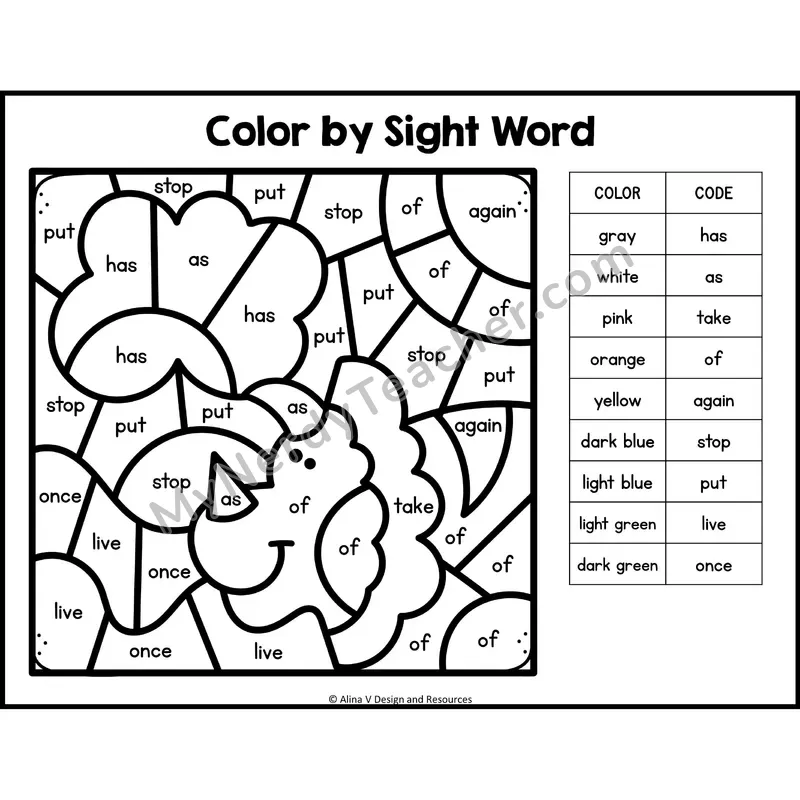 Color by Sight Word — 1st Grade — Food - has, as, take, of, again, stop, put, live, once