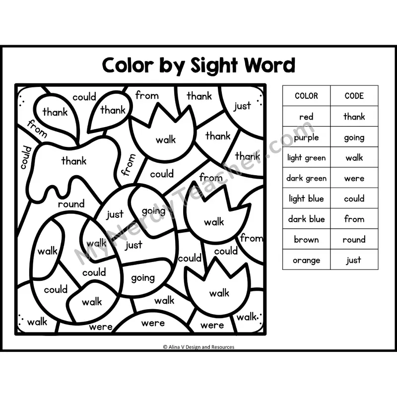 Color by Sight Word — 1st Grade — Flowers - thank, going, walk, were, could, from, round, just