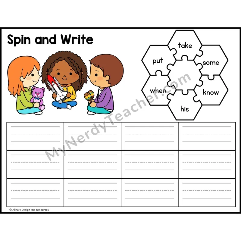 Spin and Write Sight Words — 1st Grade - take, some, know, his, when, put