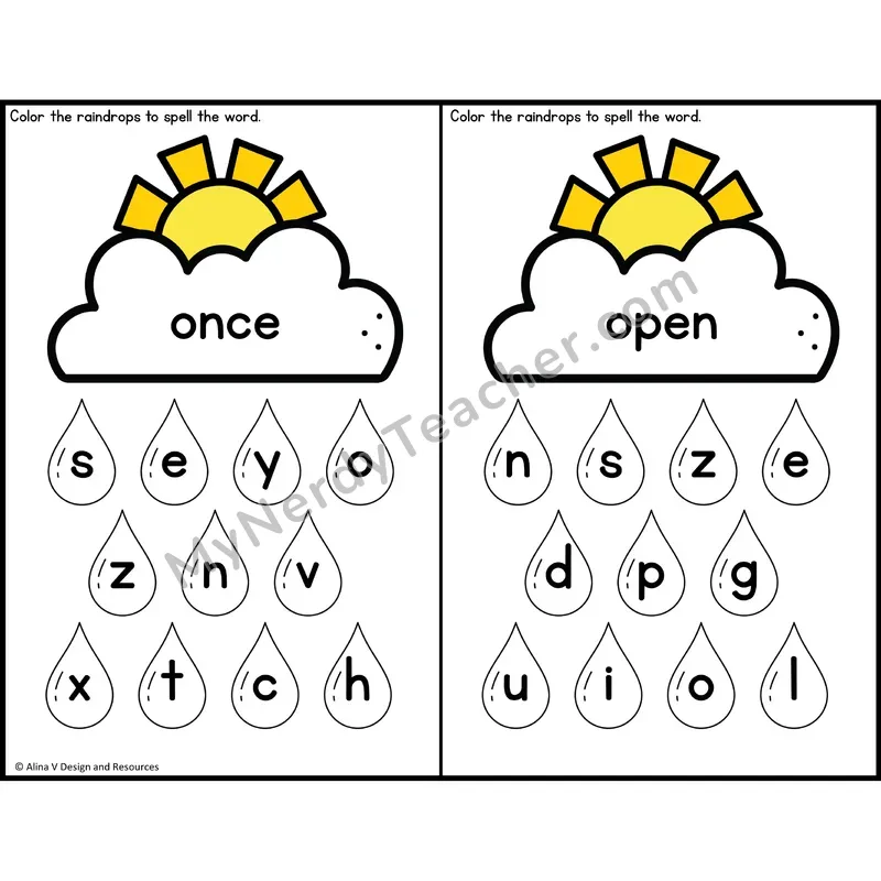 Sight Word Letter Identification — Weather Theme — 1st Grade - once, open