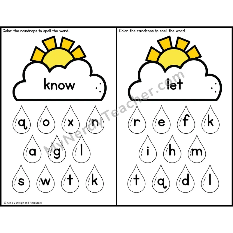 Sight Word Letter Identification — Weather Theme — 1st Grade - know, let