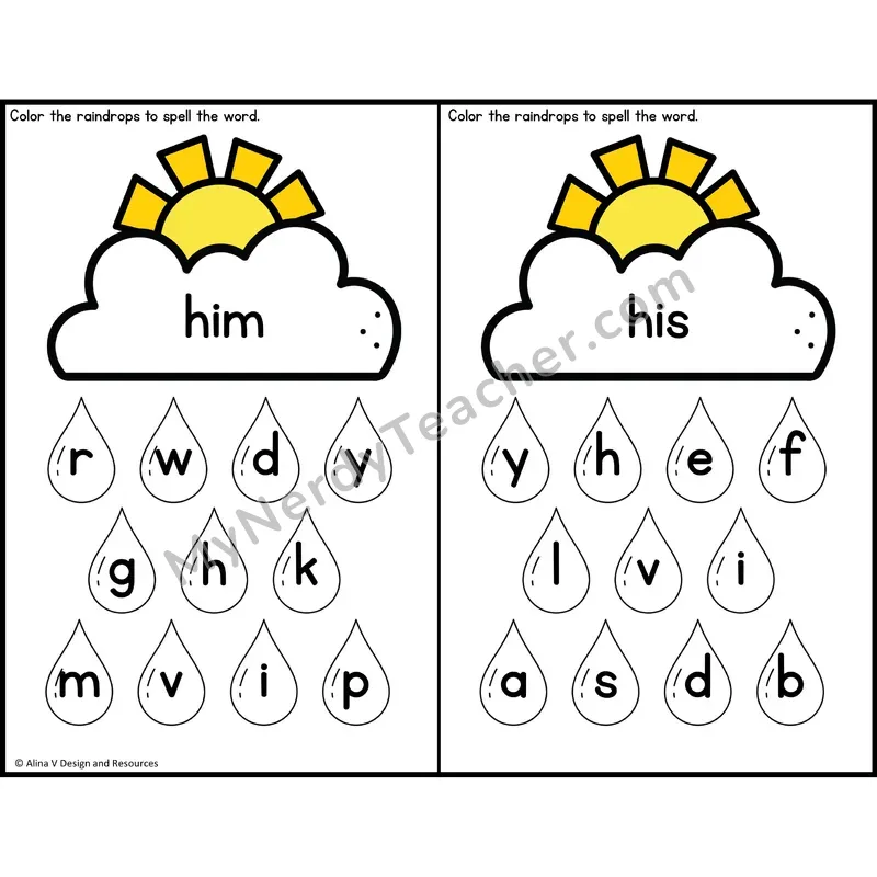 Sight Word Letter Identification — Weather Theme — 1st Grade - him, his