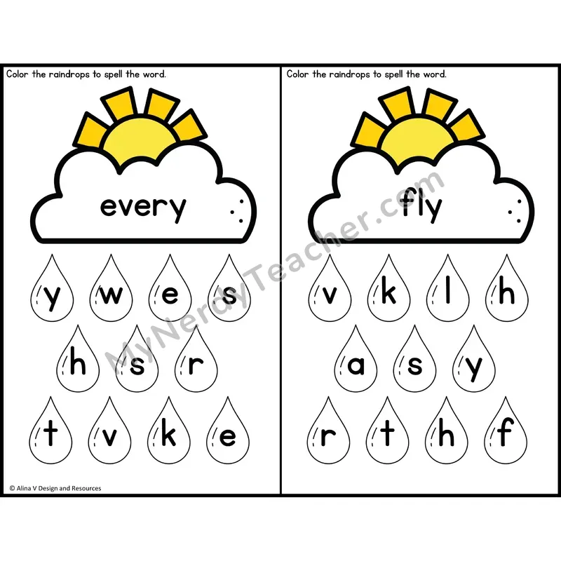 Sight Word Letter Identification — Weather Theme — 1st Grade - every, fly