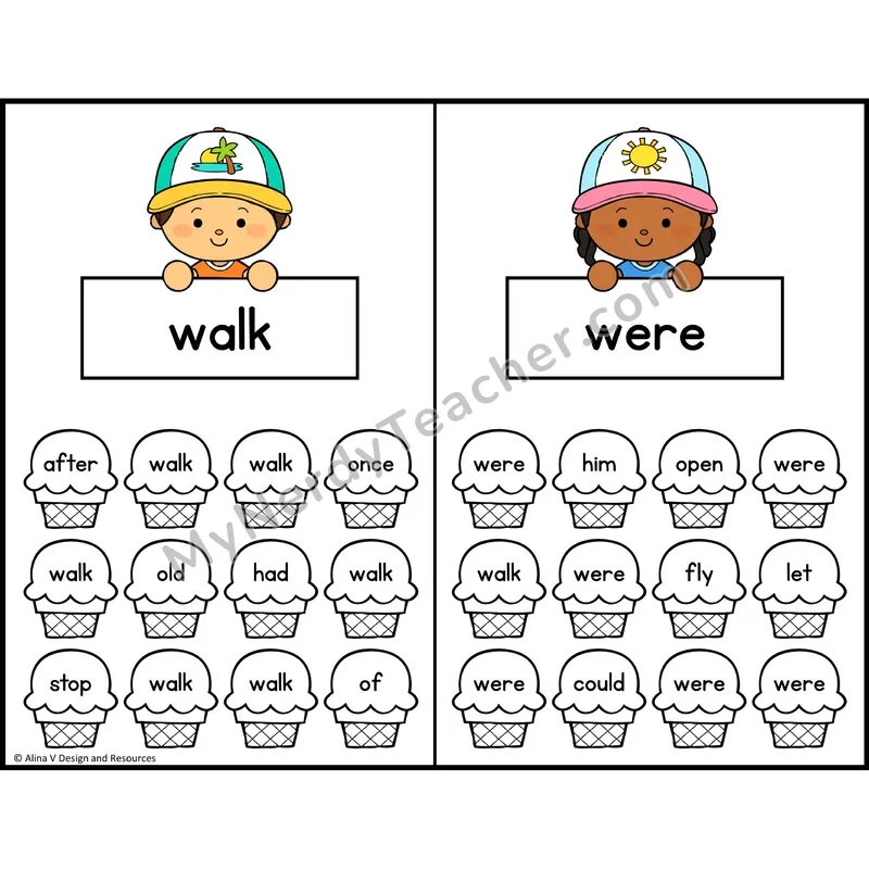 Trace and Color Sight Words — 1st Grade — Ice Cream Theme - walk, were