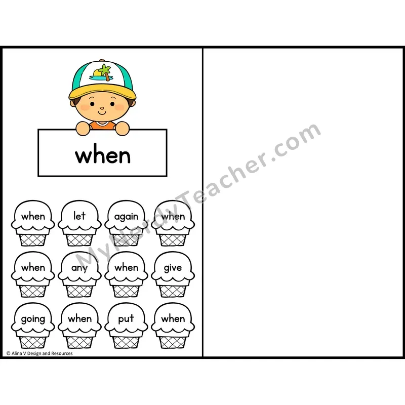 Trace and Color Sight Words — 1st Grade — Ice Cream Theme - when