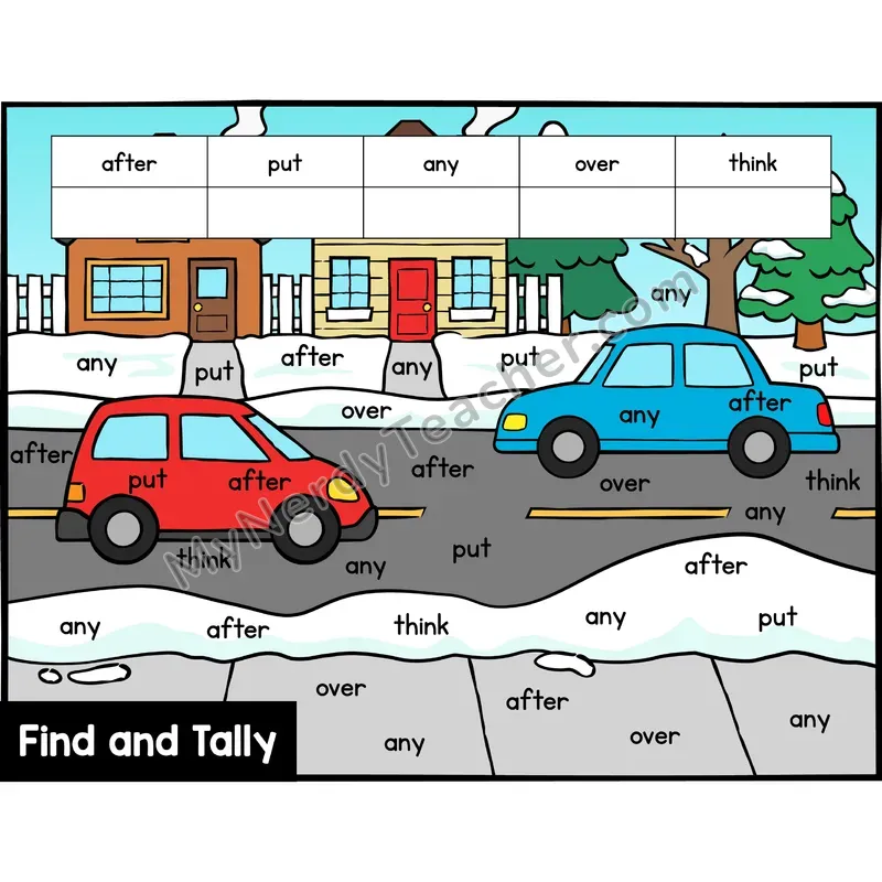 Find and Tally Sight Words — 1st Grade — Winter - after, put, any, over, think