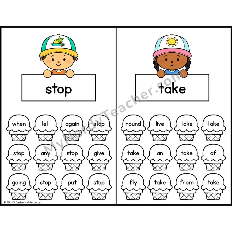 Trace and Color Sight Words — 1st Grade — Ice Cream Theme - stop, take