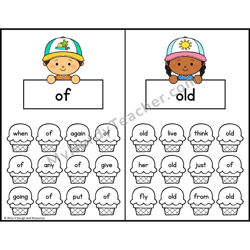 Trace and Color Sight Words — 1st Grade — Ice Cream Theme - of, old