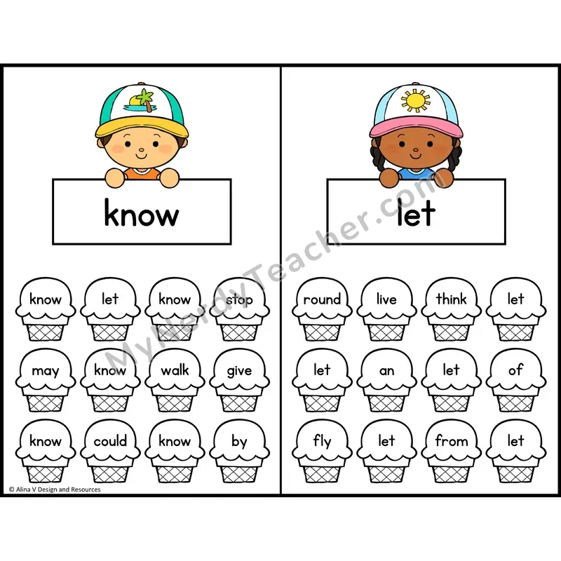 Trace and Color Sight Words — 1st Grade — Ice Cream Theme - know, let
