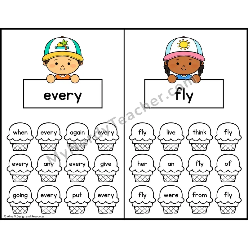 Trace and Color Sight Words — 1st Grade — Ice Cream Theme - every, fly