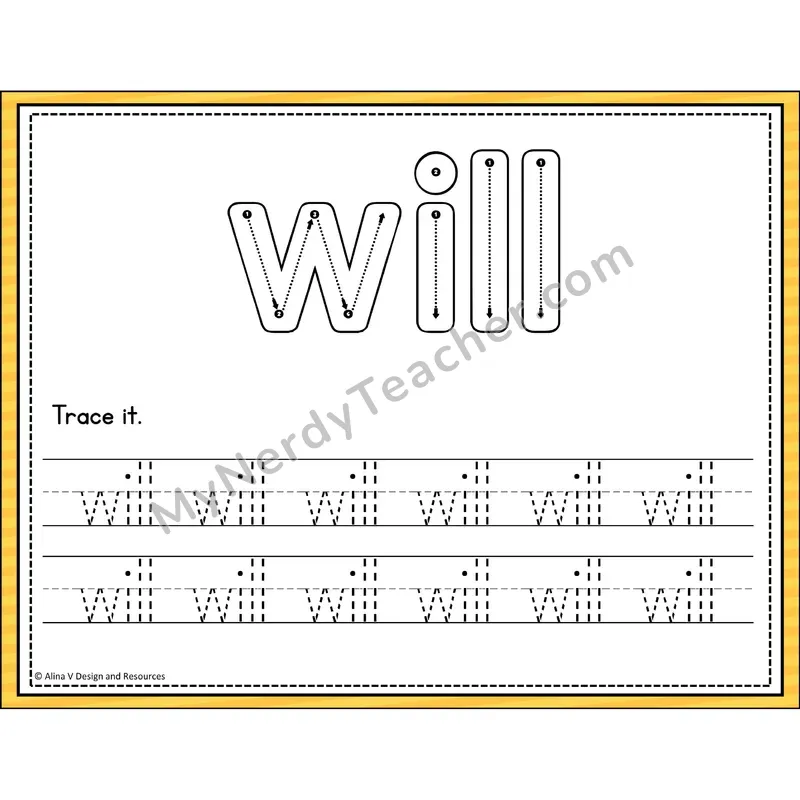 Sight Word Tracing Cards — Kindergarten - will