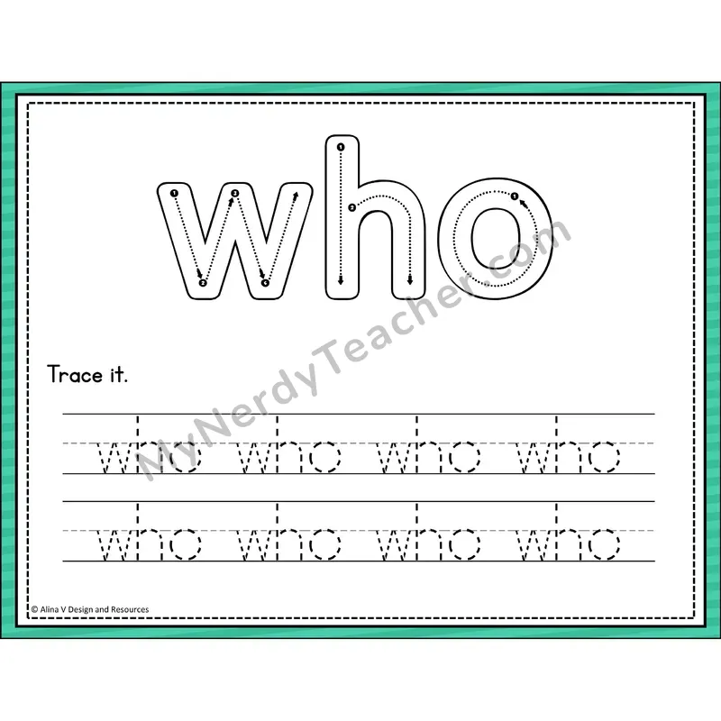 Sight Word Tracing Cards — Kindergarten - who