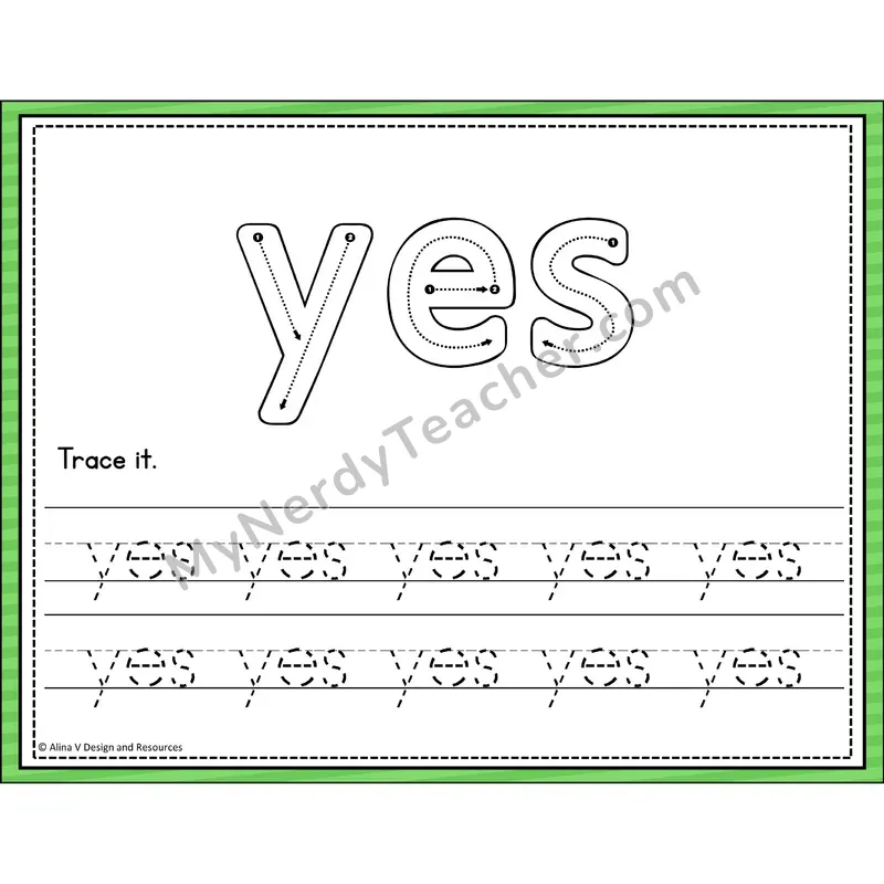 Sight Word Tracing Cards — Kindergarten - yes