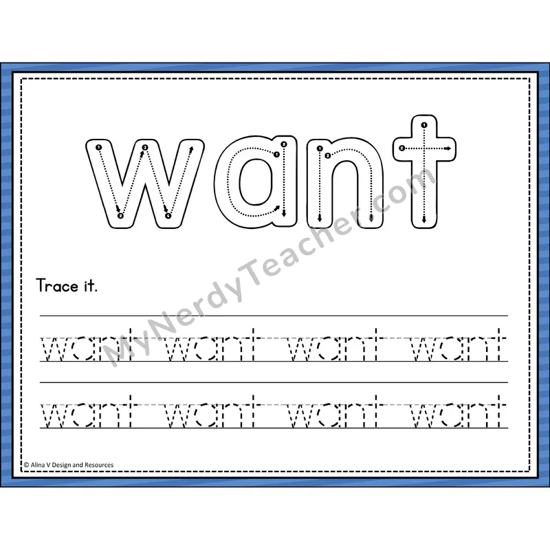 Sight Word Tracing Cards — Kindergarten - want