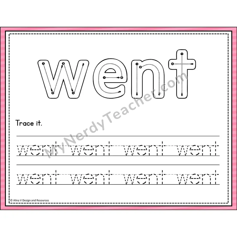 Sight Word Tracing Cards — Kindergarten - went