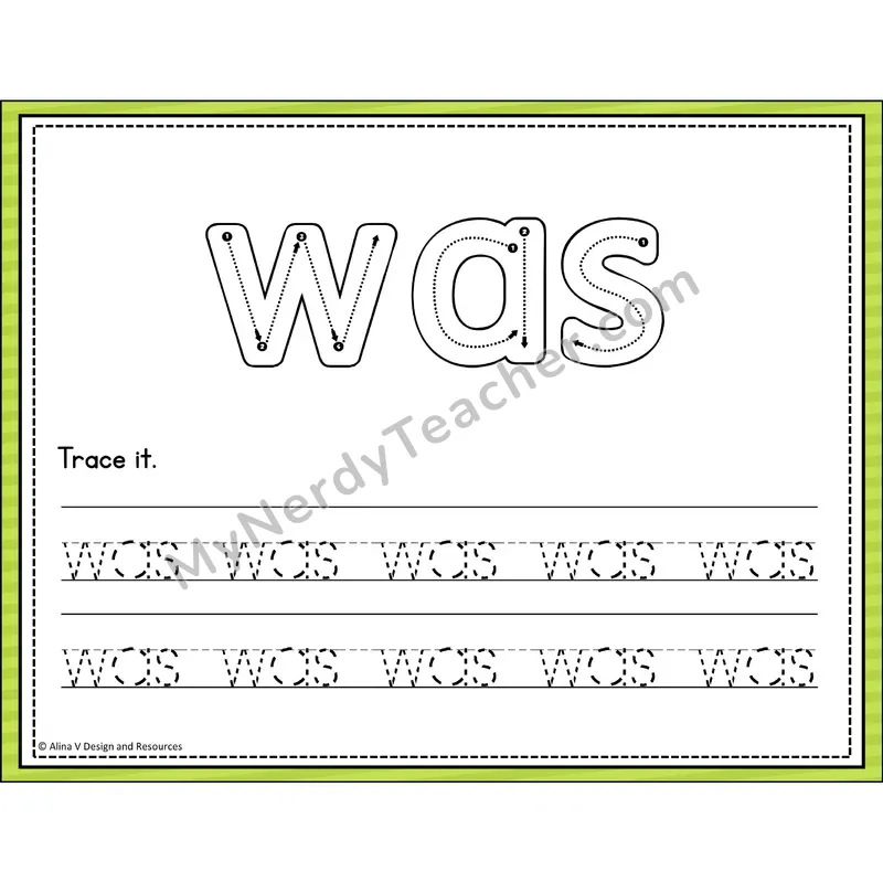 Sight Word Tracing Cards — Kindergarten - was