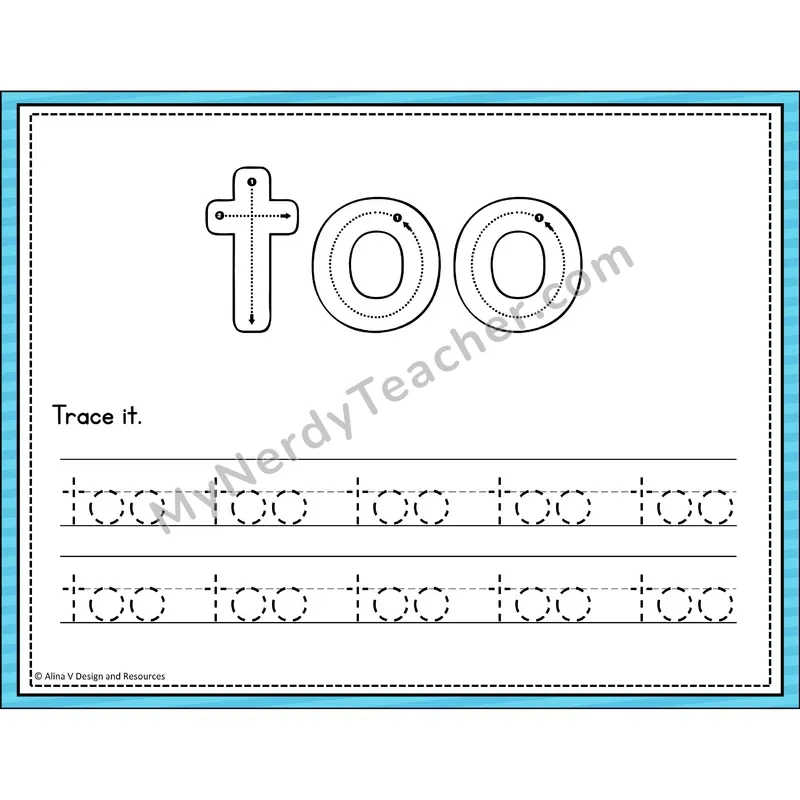 Sight Word Tracing Cards — Kindergarten - too