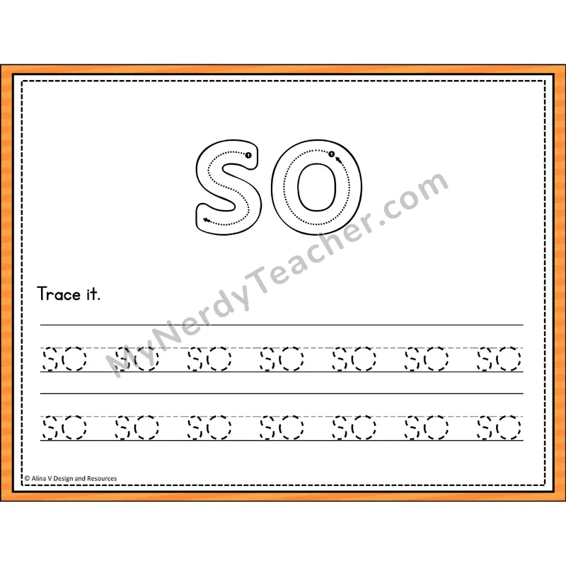 Sight Word Tracing Cards — Kindergarten - so