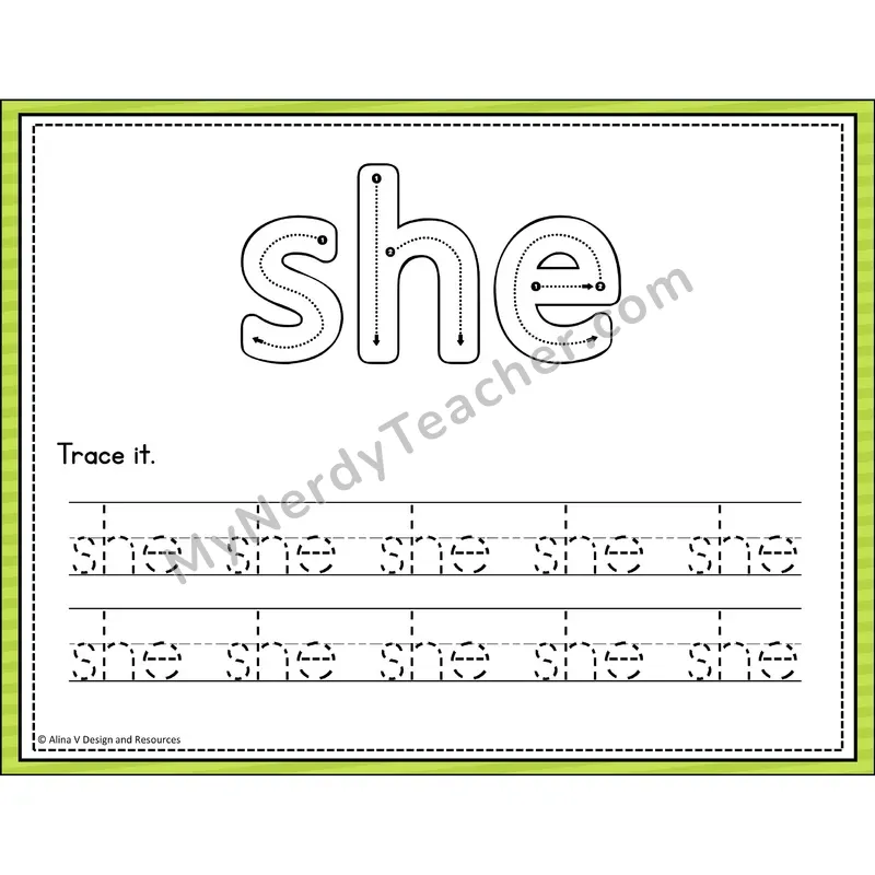 Sight Word Tracing Cards — Kindergarten - she