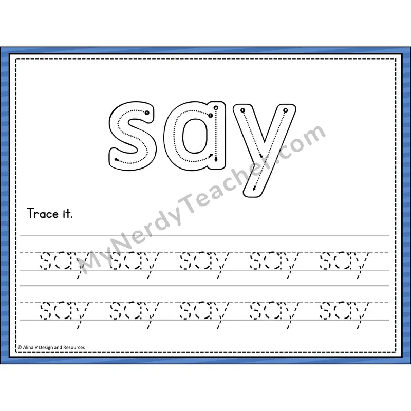 Sight Word Tracing Cards — Kindergarten - say