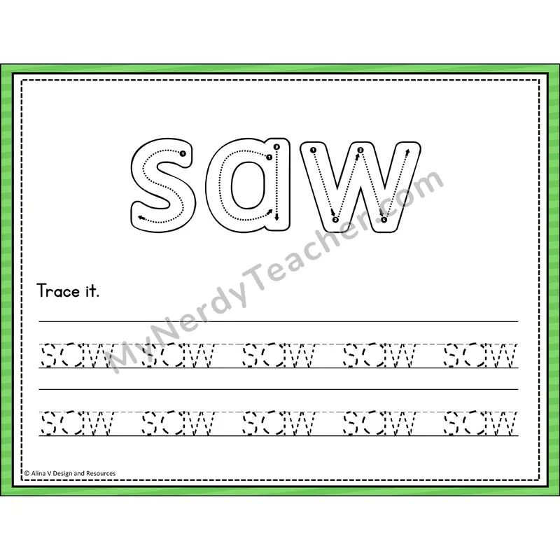 Sight Word Tracing Cards — Kindergarten - saw