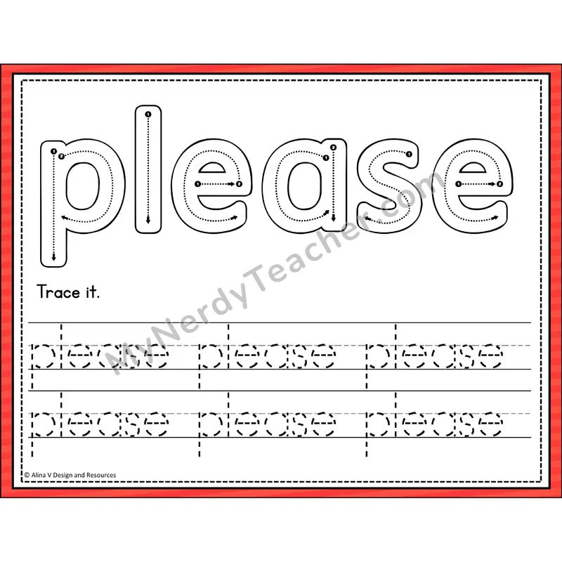 Sight Word Tracing Cards — Kindergarten - please