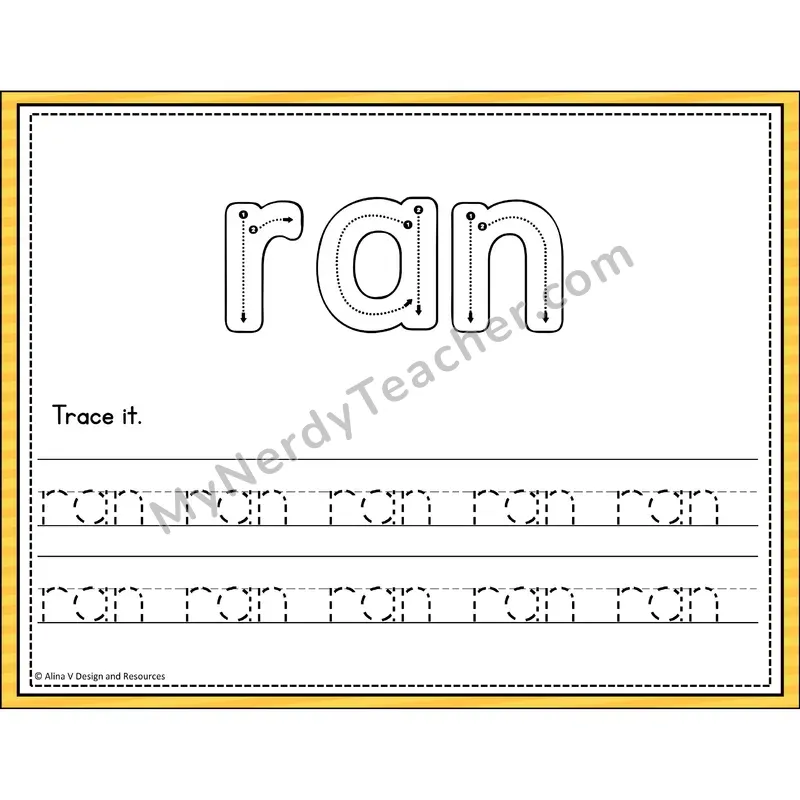 Sight Word Tracing Cards — Kindergarten - ran