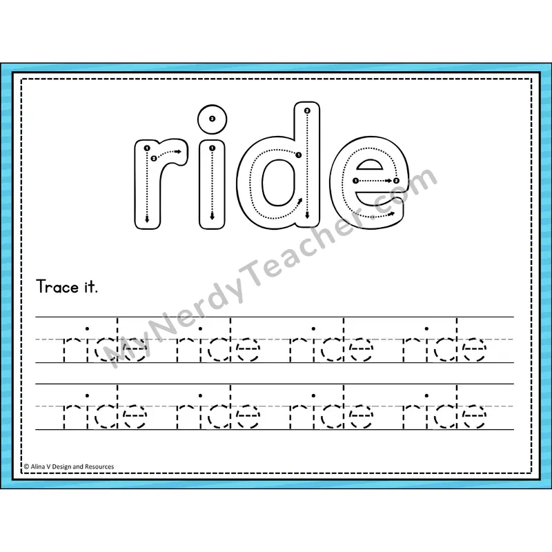 Sight Word Tracing Cards — Kindergarten - ride