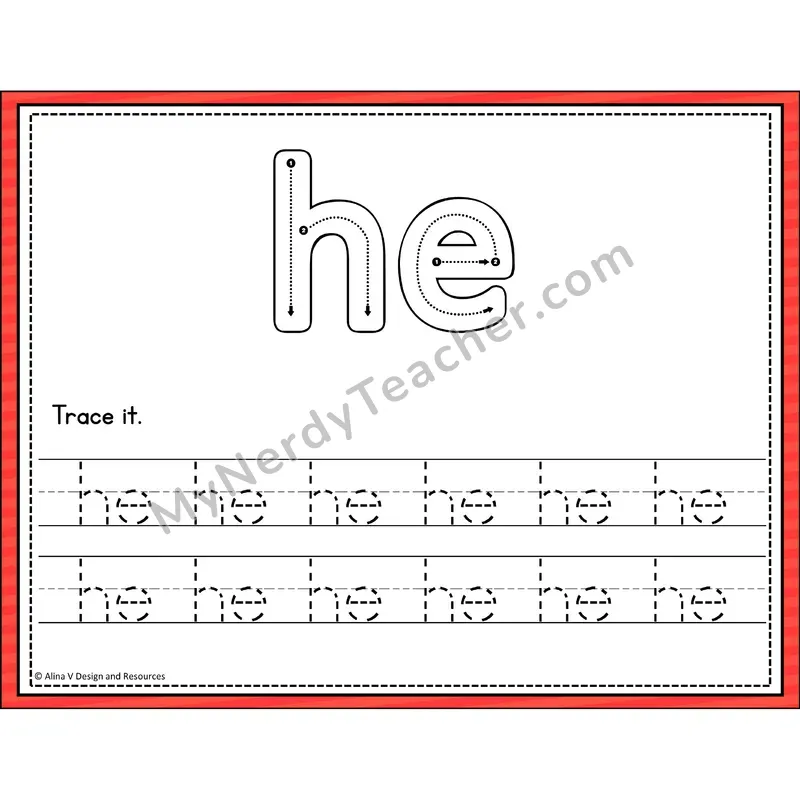 Sight Word Tracing Cards — Kindergarten - he