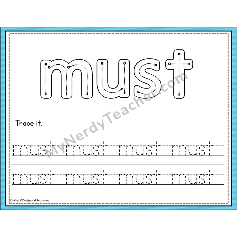 Sight Word Tracing Cards — Kindergarten - must