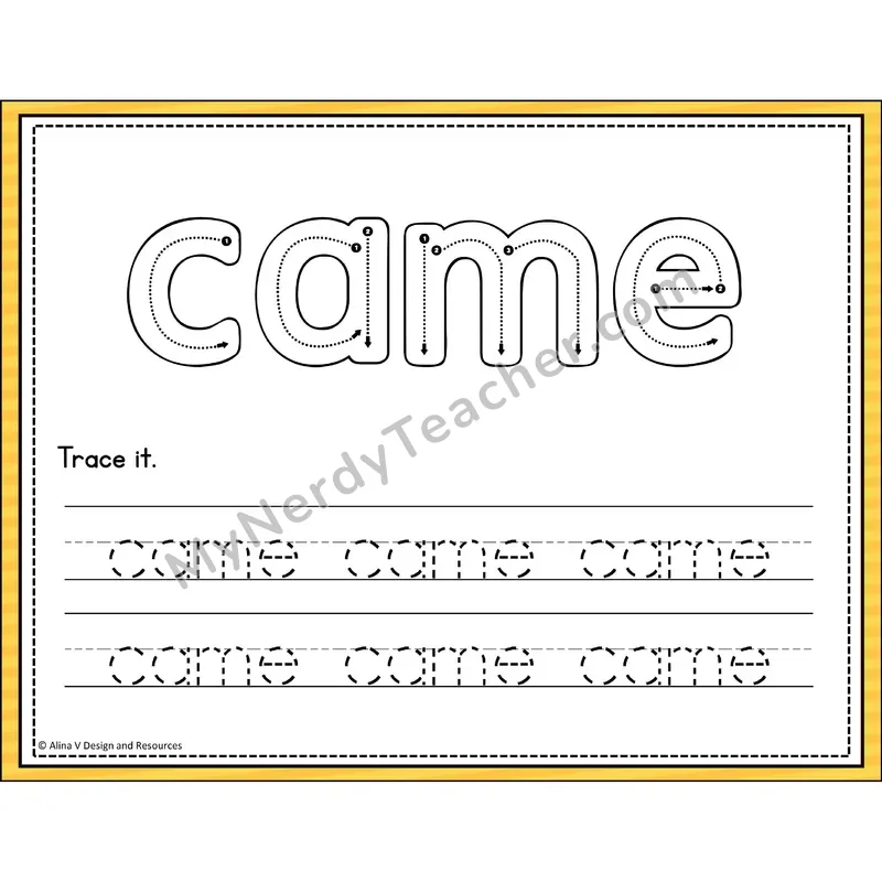 Sight Word Tracing Cards — Kindergarten - came