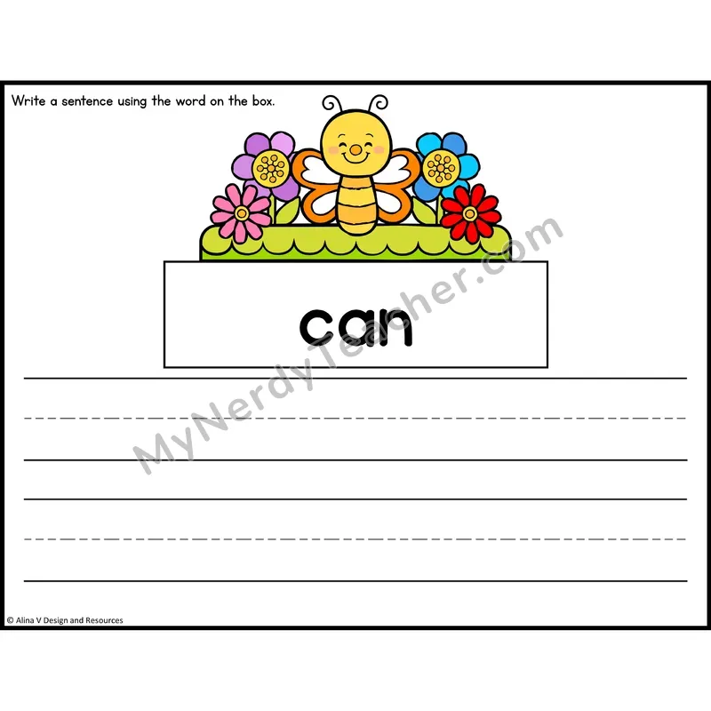 Sight Word Sentence Writing — Spring Theme — Preschool - can