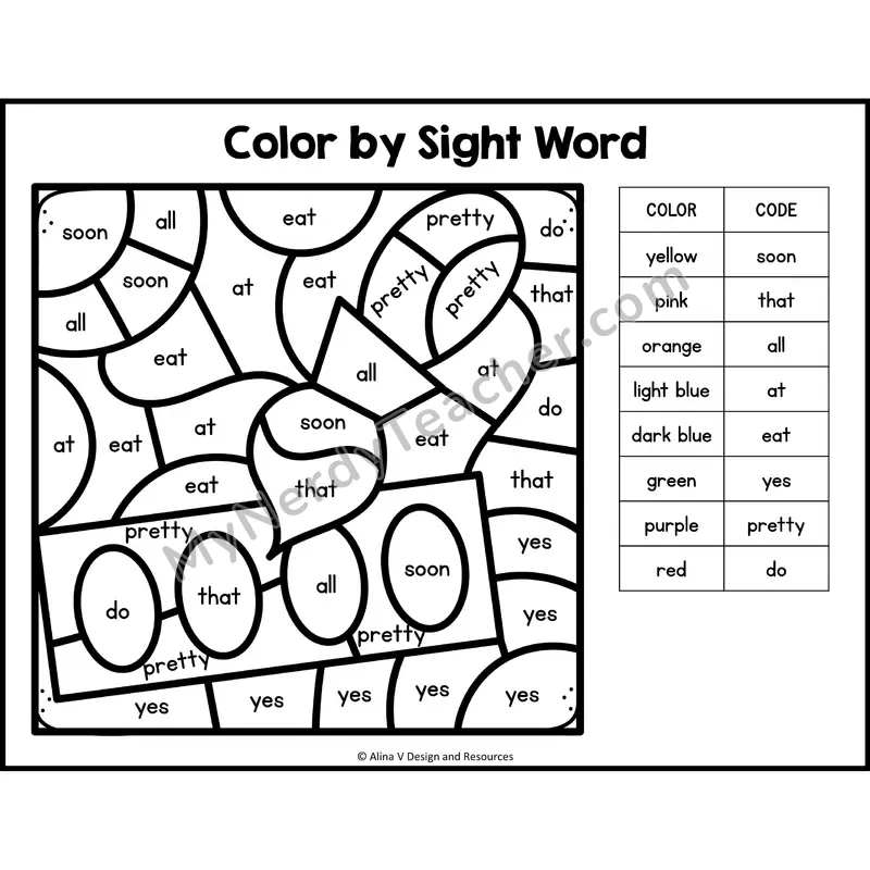 Color by Sight Word — Kindergarten - Paint - soon, that, all, at, eat, yes, pretty, do