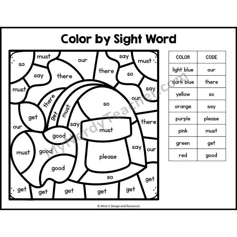 Color by Sight Word — Kindergarten — Back to School - our, there, so, say, please, must, get, good