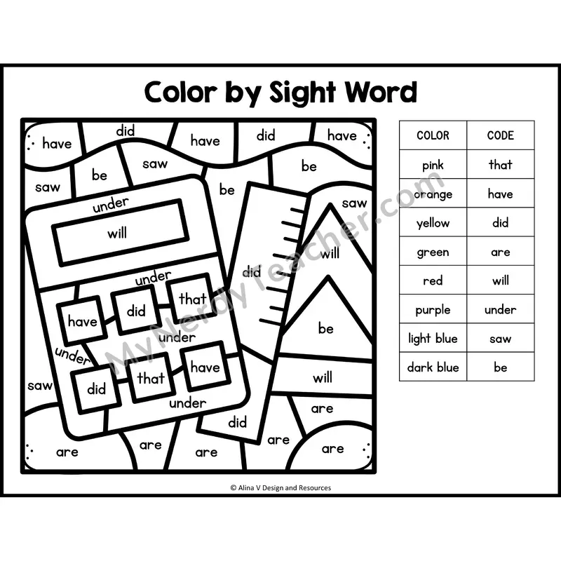 Color by Sight Word — Kindergarten — Back to School - that, have, did, are, will, under, saw, be