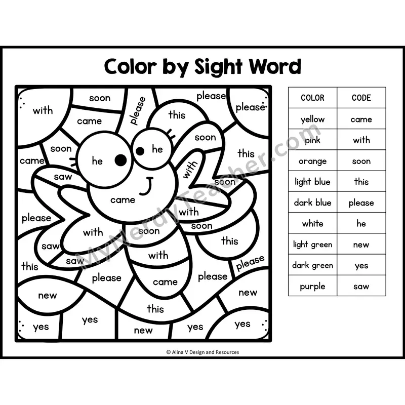 Color by Sight Word — Kindergarten — Bugs / Insects - came, with, soon, this, please, he, new, yes, saw