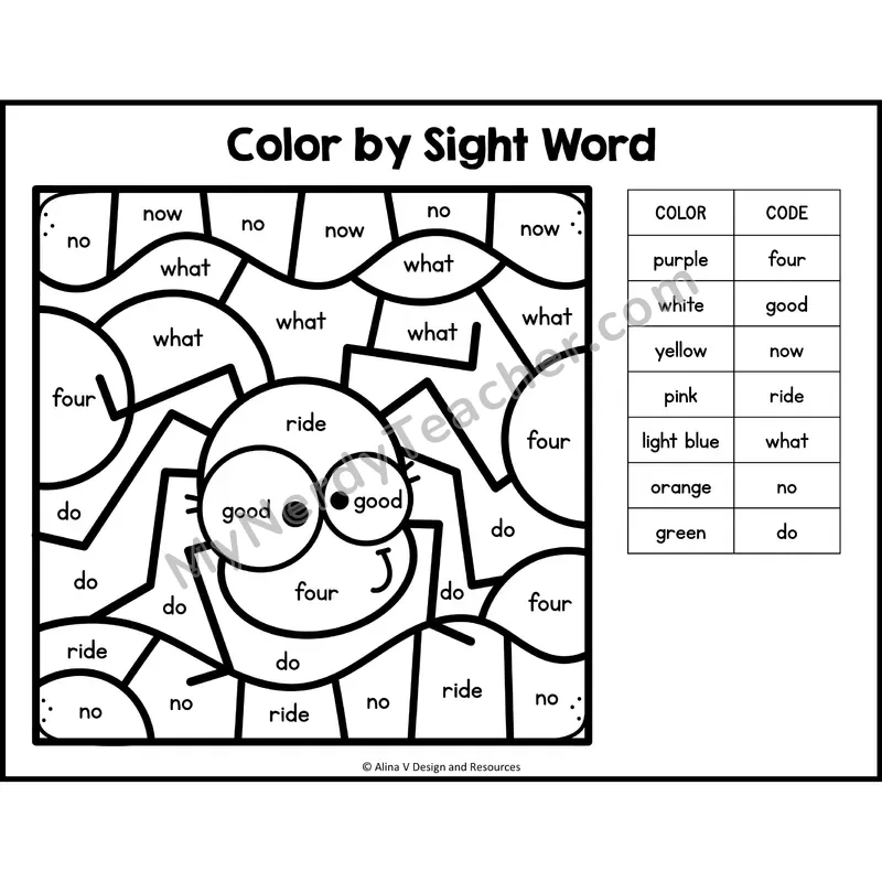 Color by Sight Word — Kindergarten — Bugs / Insects - four, good, now, ride, what, no, do
