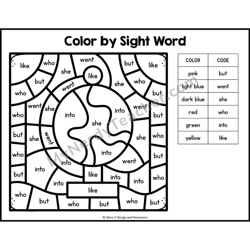 Color by Sight Word — Kindergarten - but, went, she, who, into, like