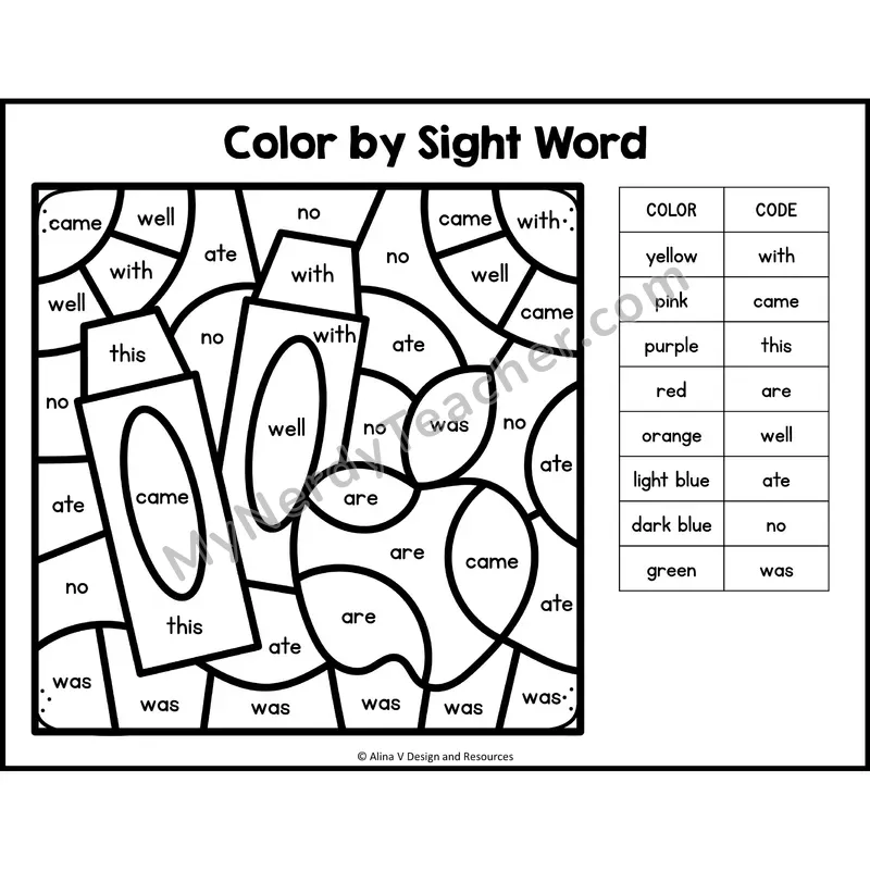 Color by Sight Word — Kindergarten — Back to School - with, came, this, are, well, ate, no, was