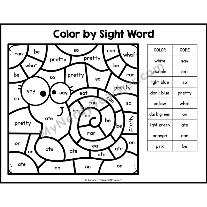 Color by Sight Word — Kindergarten — Bugs / Insects - say, eat, so, pretty, what, on, ate, ran, be