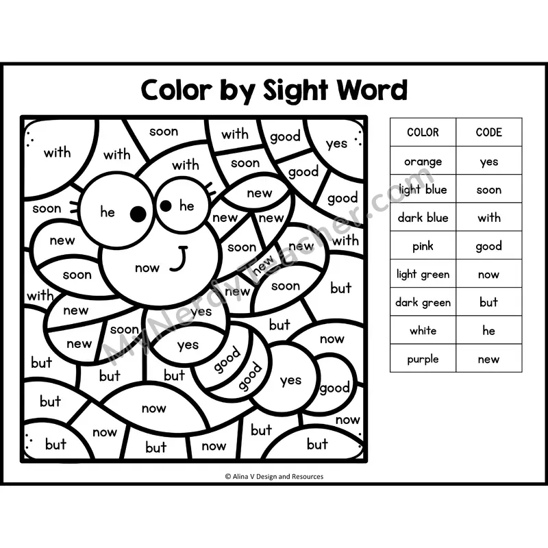 Color by Sight Word — Kindergarten — Bugs / Insects - yes, soon, with, good, now, but, he, new