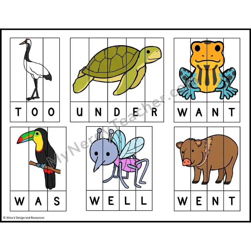 Sight Word Picture Puzzles — Zoo Animals — Kindergarten - too, under, want, was, well, went