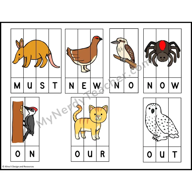 Sight Word Picture Puzzles — Zoo Animals — Kindergarten - must, new, no, now, on, our, out