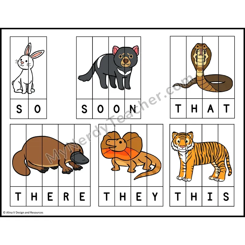 Sight Word Picture Puzzles — Zoo Animals — Kindergarten - so, soon, that, there, they, this