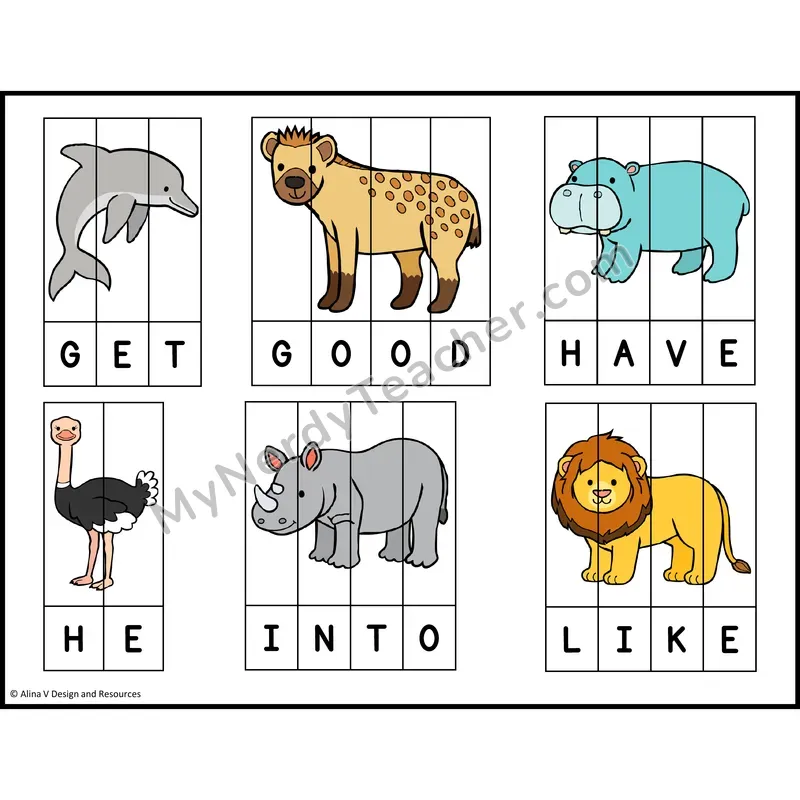 Sight Word Picture Puzzles — Zoo Animals — Kindergarten - get, good, have, he, into, like