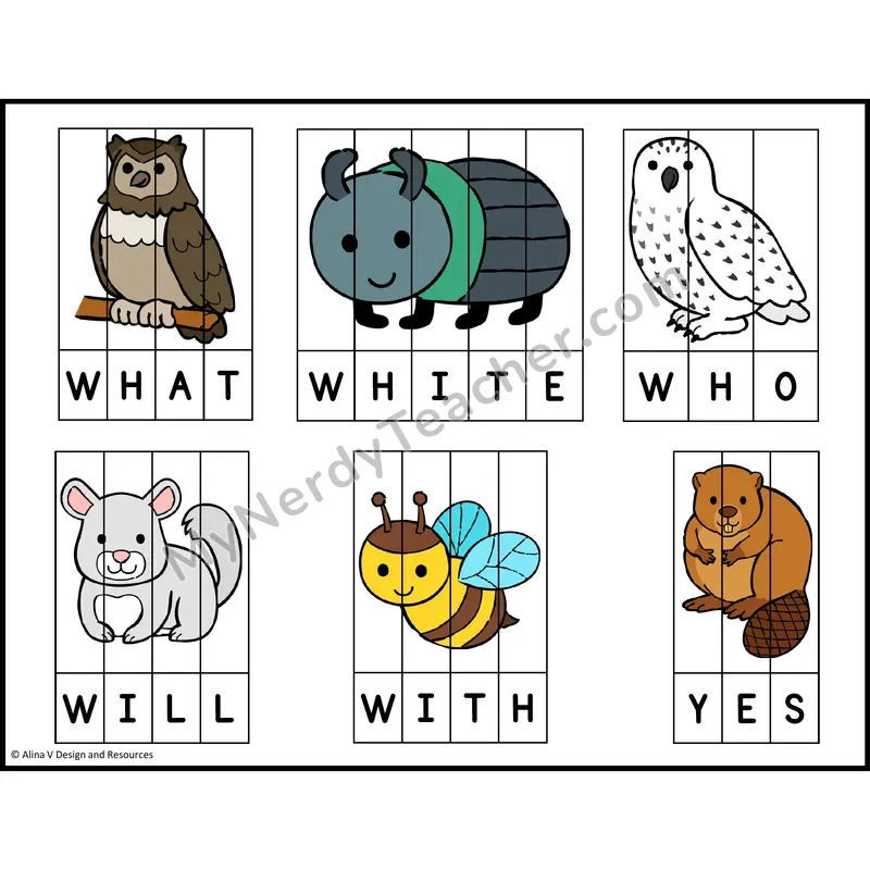 Sight Word Picture Puzzles — Zoo Animals — Kindergarten - what, white, who, will, with, yes