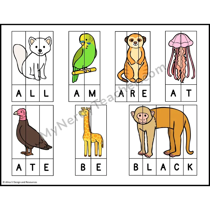 Sight Word Picture Puzzles — Zoo Animals — Kindergarten - all, am, are, at, ate, be, black