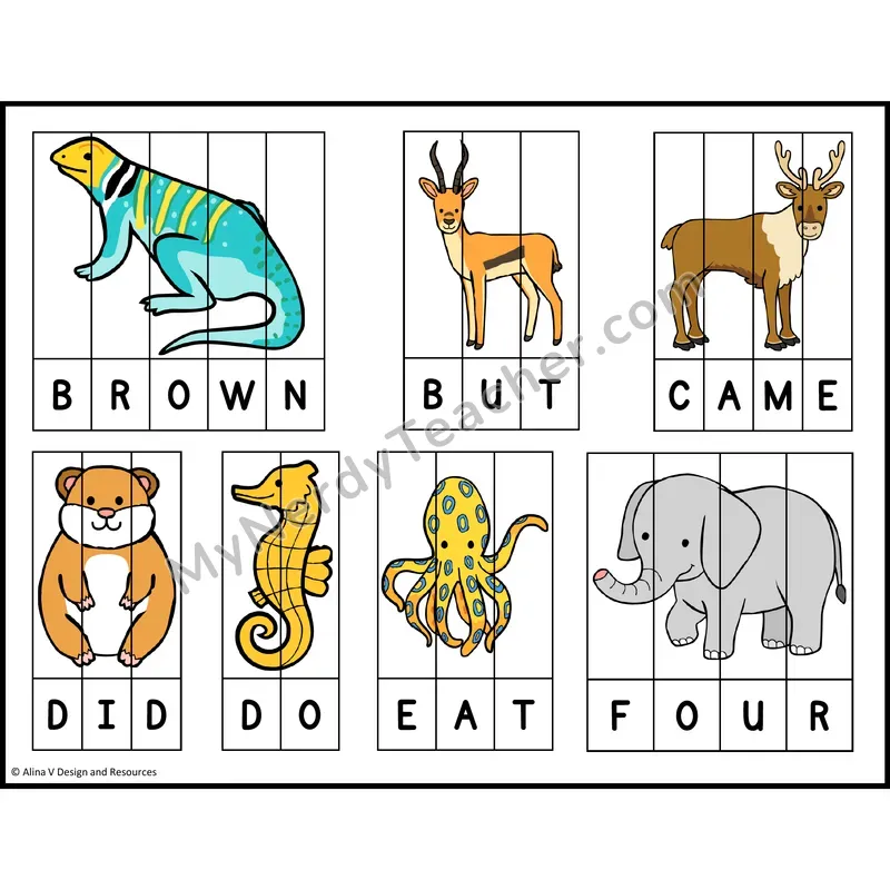 Sight Word Picture Puzzles — Zoo Animals — Kindergarten - brown, but, came, did, do, eat, four