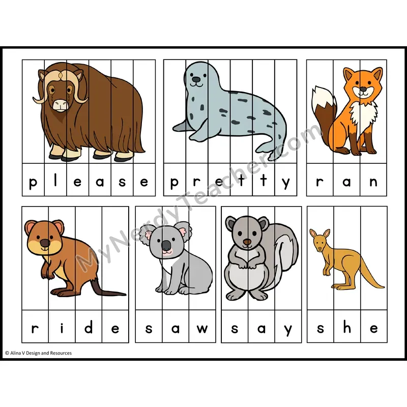 Sight Word Picture Puzzles — Zoo Animals — Kindergarten - please, pretty, ran, ride, saw, say, she