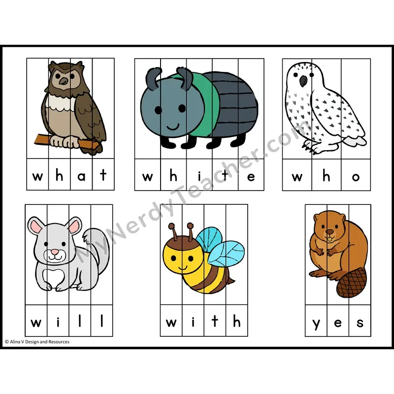 Sight Word Picture Puzzles — Zoo Animals — Kindergarten - what, white, who, will, with, yes